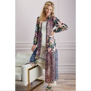 Soft Surroundings Floral & Zebra Print Maxi Duster in Navy, Pink, Green